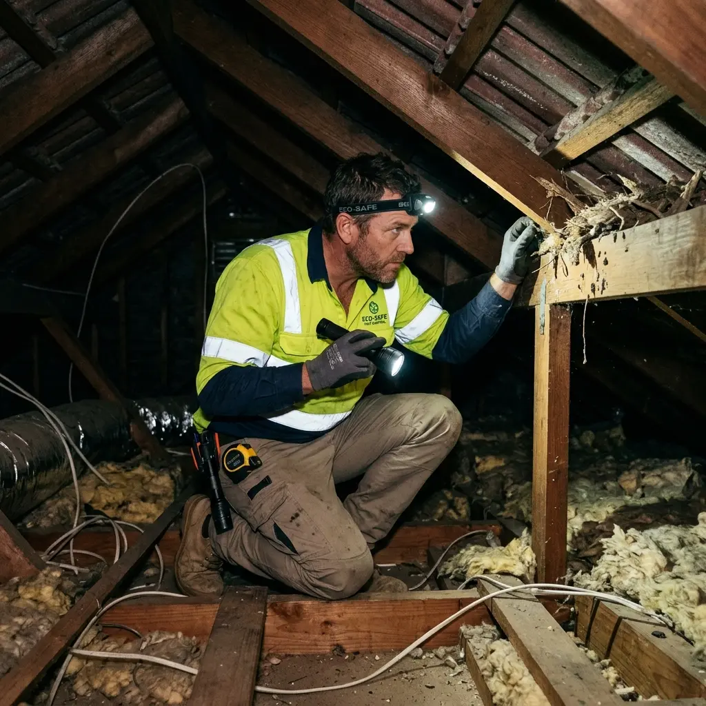 Technician inspecting a roof cavity for a dead animal in Panton Hill