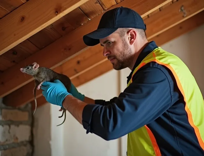 Technician inspecting a roof cavity for a dead rat in Panton Hill